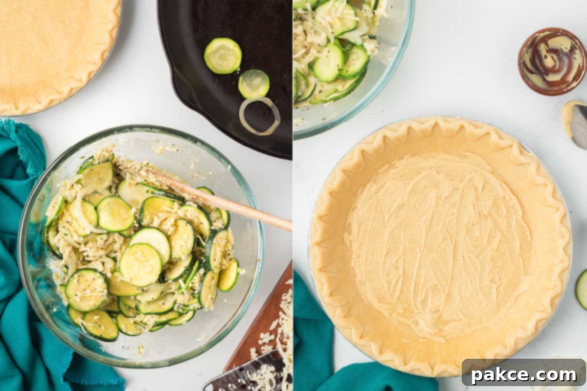 Golden Zucchini Cheese Quiche 5 Left: Sautéed zucchini, onion, cheese, and egg mixture in a bowl. Right: A pie crust with Dijon mustard spread on the bottom.