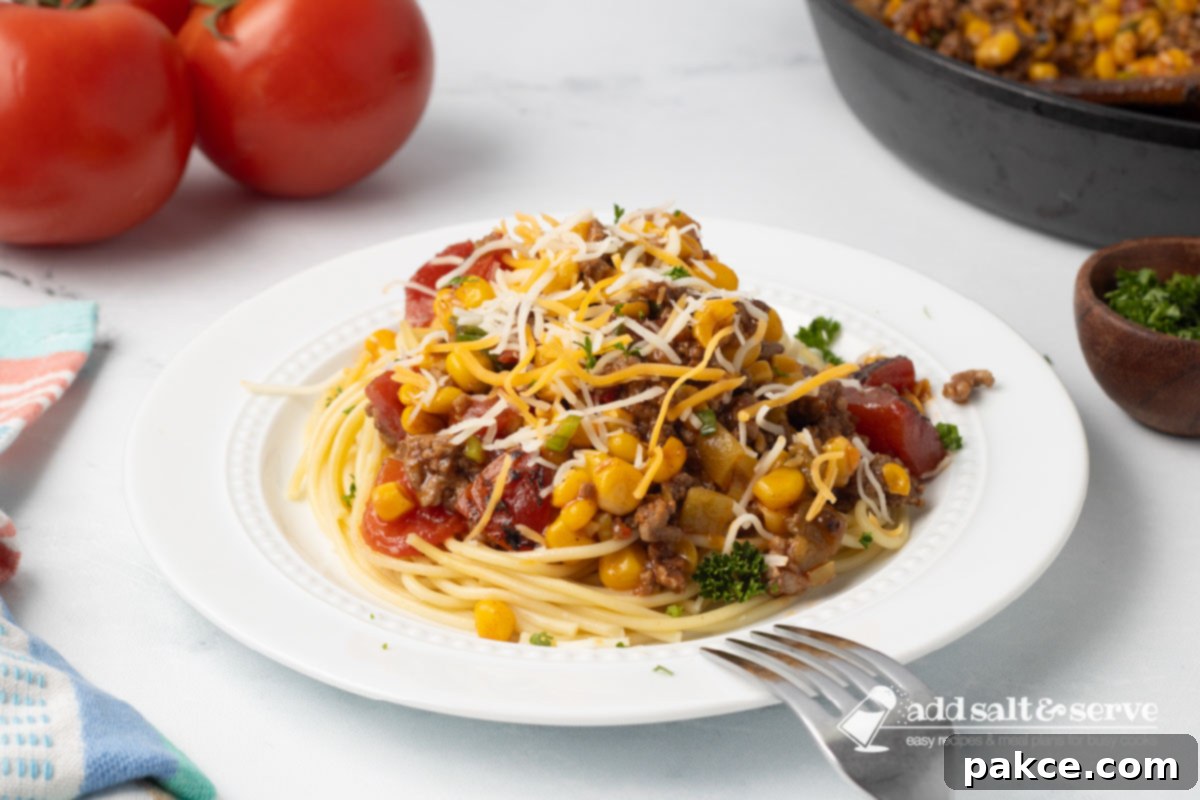 A delicious plate of Mexican Spaghetti topped with shredded cheese and fresh cilantro, ready to be enjoyed.