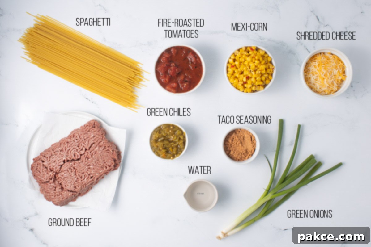 Zesty Mexican Pasta 3 A vibrant flat lay of all the fresh and canned ingredients needed for Mexican Spaghetti, including dry spaghetti, ground beef, green chiles, green onion, Mexi-corn, fire-roasted tomatoes, water, taco seasoning, and shredded cheese.