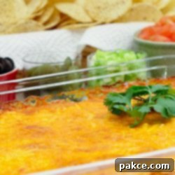 Nacho Creation Station 2 Clear glass casserole dish with beans topped with melted cheese and garnished with a sprig of cilantro. In the background is a red bowl of sliced black olives, a clear bowl of jalepeno slices, a clear bowl of diced green onions, a white bowl of diced tomatoes, and a basket of tortilla chips.