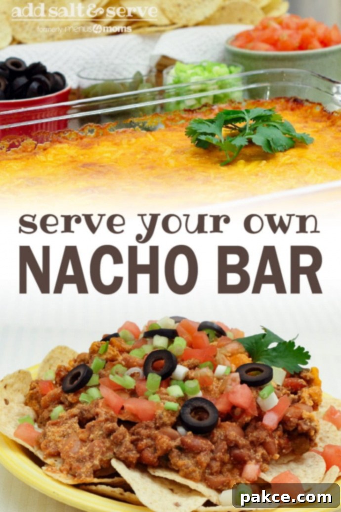 Top image is a clear glass casserole dish with beans topped with melted cheese and garnished with a sprig of cilantro. In the background is a red bowl of sliced black olives, a clear bowl of jalepeno slices, a clear bowl of diced green onions, a white bowl of diced tomatoes, and a basket of tortilla chips. Bottom image is a yellow plate with tortilla chips topped with ground beef, beans, diced tomatoes, sliced black olives, diced green onions, and garnished with a sprig of cilantro; text add salt & serve formerly menus4moms serve your own nacho bar