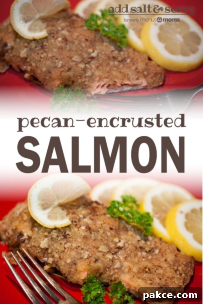 Pecan Crusted Salmon Pecan crusted salmon on a red plate with a fork, garnished with lemon slices and sprigs of parsley; text pecan-encrusted salmon add salt & serve formerly menus4moms