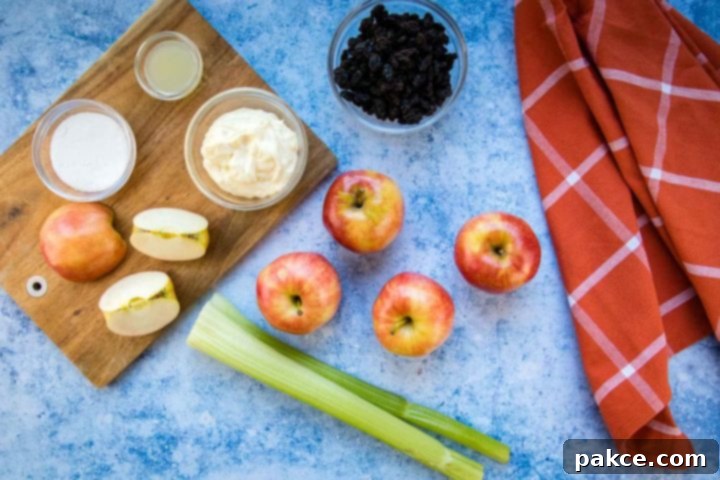 apple-raisin-salad-ip-3-min Overhead view of 4-5 apples (one chopped), two stalks of celery, a bowl of raisins, a bowl with mayonnaise, a small bowl with lemon juice, and a small bowl with sugars all on a blue surface with a coral plaid towel to the side