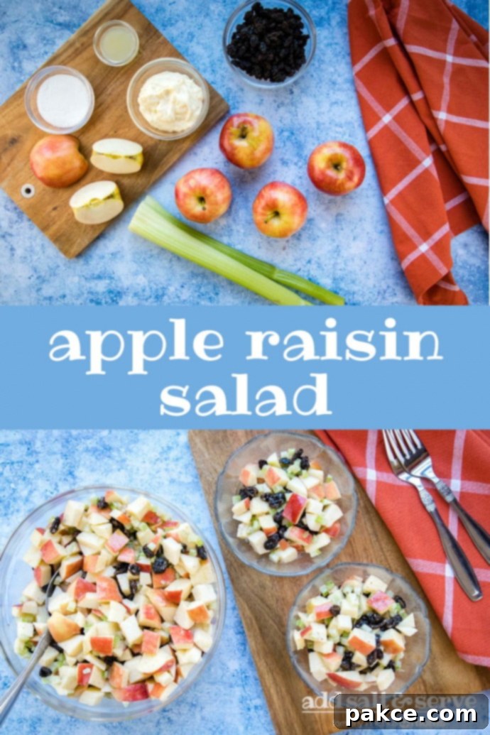 apple-raisin-salad-pin-min Composite of two images: Overhead view of 4-5 apples (one chopped), two stalks of celery, a bowl of raisins, a bowl with mayonnaise, a small bowl with lemon juice, and a small bowl with sugars all on a blue surface with a coral plaid towel to the side on top, Text Apple Raisin Salad in the middle, and overhead view of salad with chopped apples, raisins, and celery with a coral plaid towel and two forks on bottom