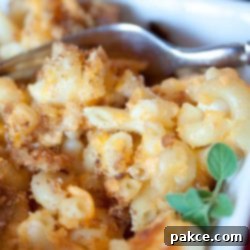 Golden Comfort Mac 2 A single serving of macaroni & cheese with a bread crumb topping with a fork and garnished with fresh thyme