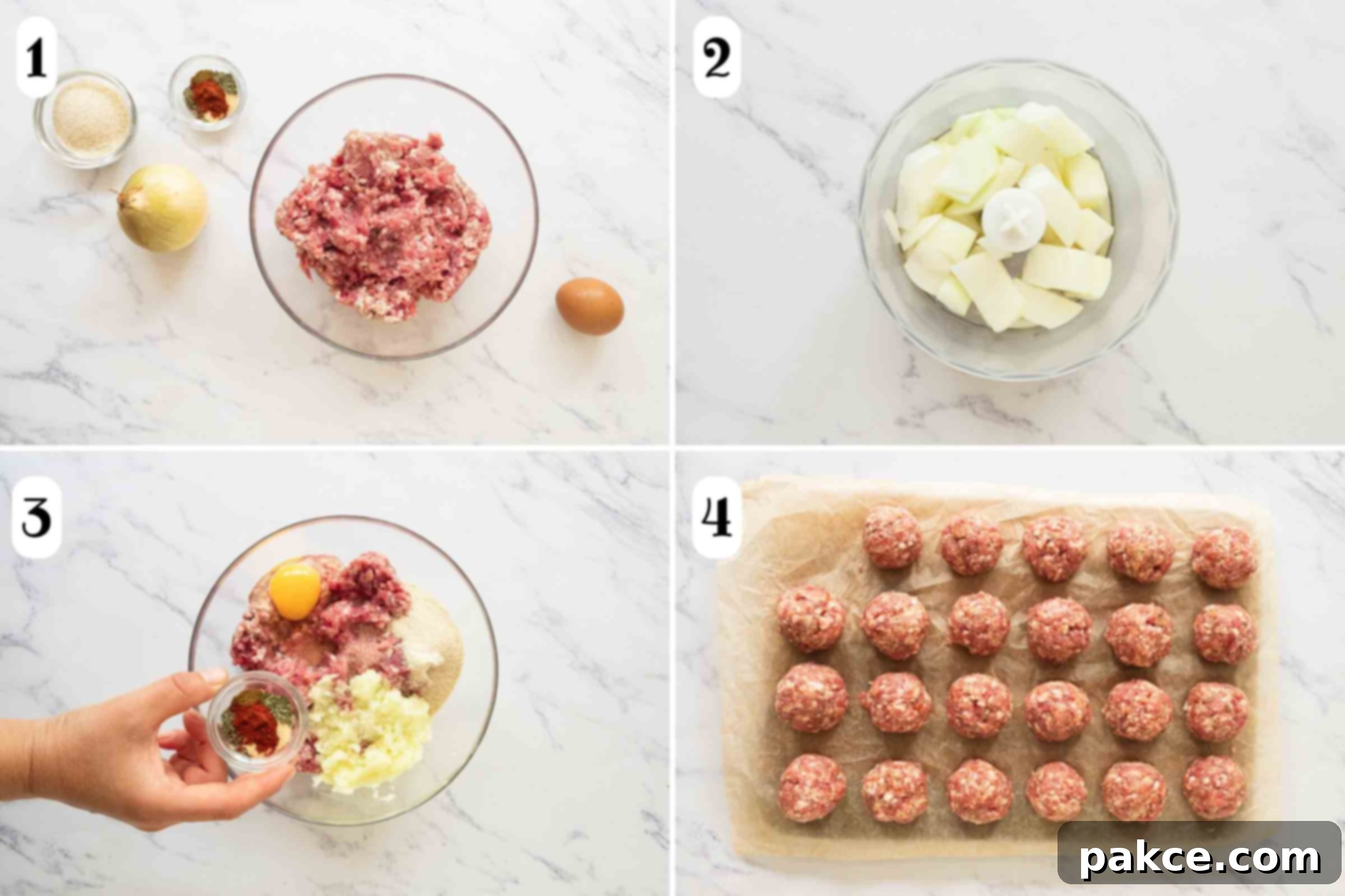 Composite image: 1- an onion, bread crumbs, herbs and spices, an egg, and ground meat before mixing; 2- chopped pieces of onion in a food processor; 3- the same ingredients in a bowl; 4- a pan showing 23 formed uncooked meatballs made with the mixture.