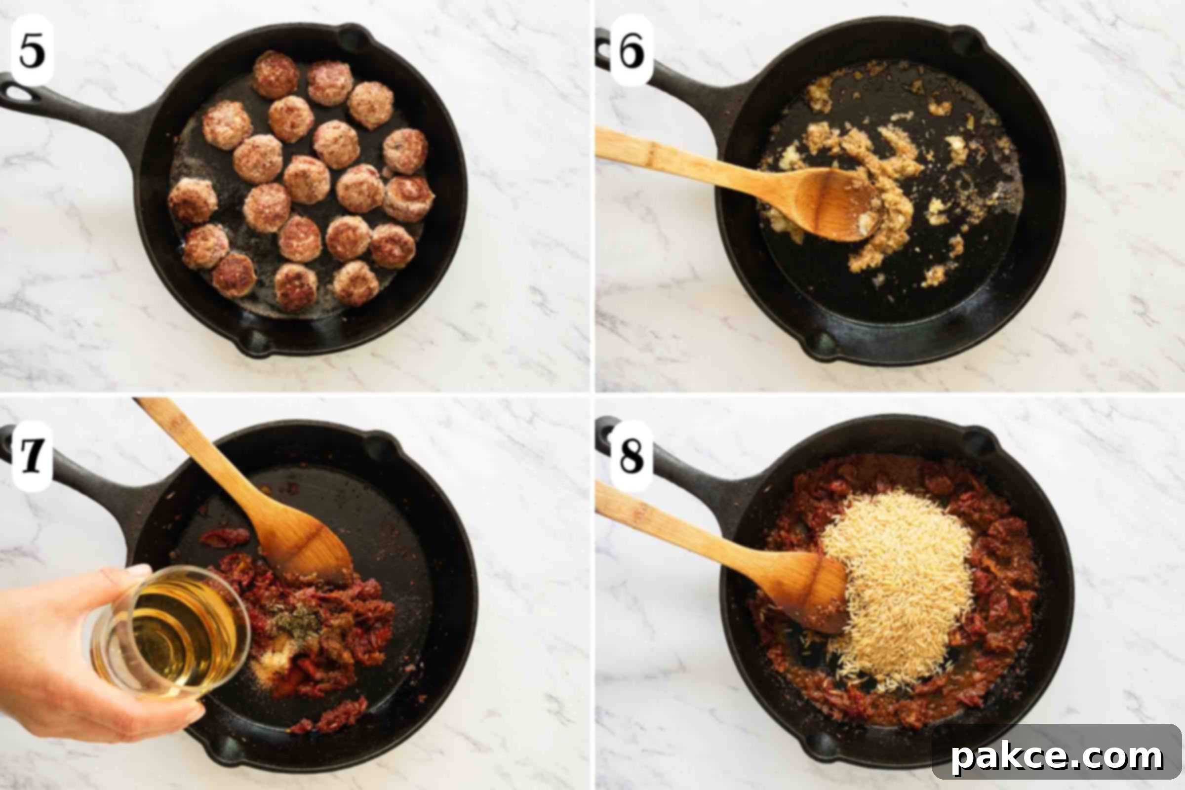 Composite image: 5- meatballs cooking in a cast iron skillet; 6- same skillet with meatballs removed and onions after processing in a food processor sautéing in the skillet; 7- same skillet with sun-dried tomatoes , herbs, and spices added and white wine being poured in; 8- same skillet after adding orzo pasta.