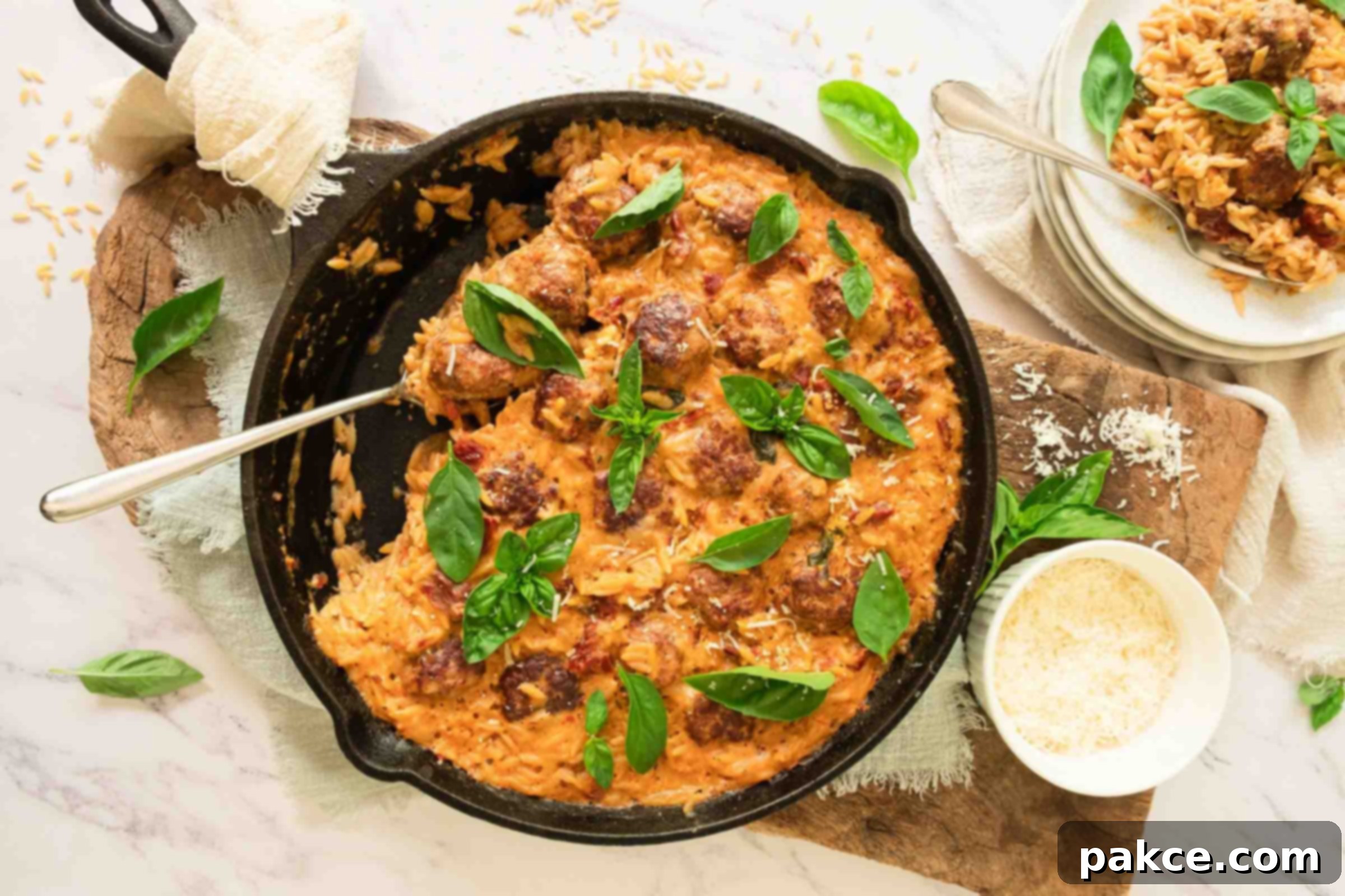 A cast iron skillet of meatballs with orzo in a creamy sun-dried tomato sauce and garnished with fresh basil.