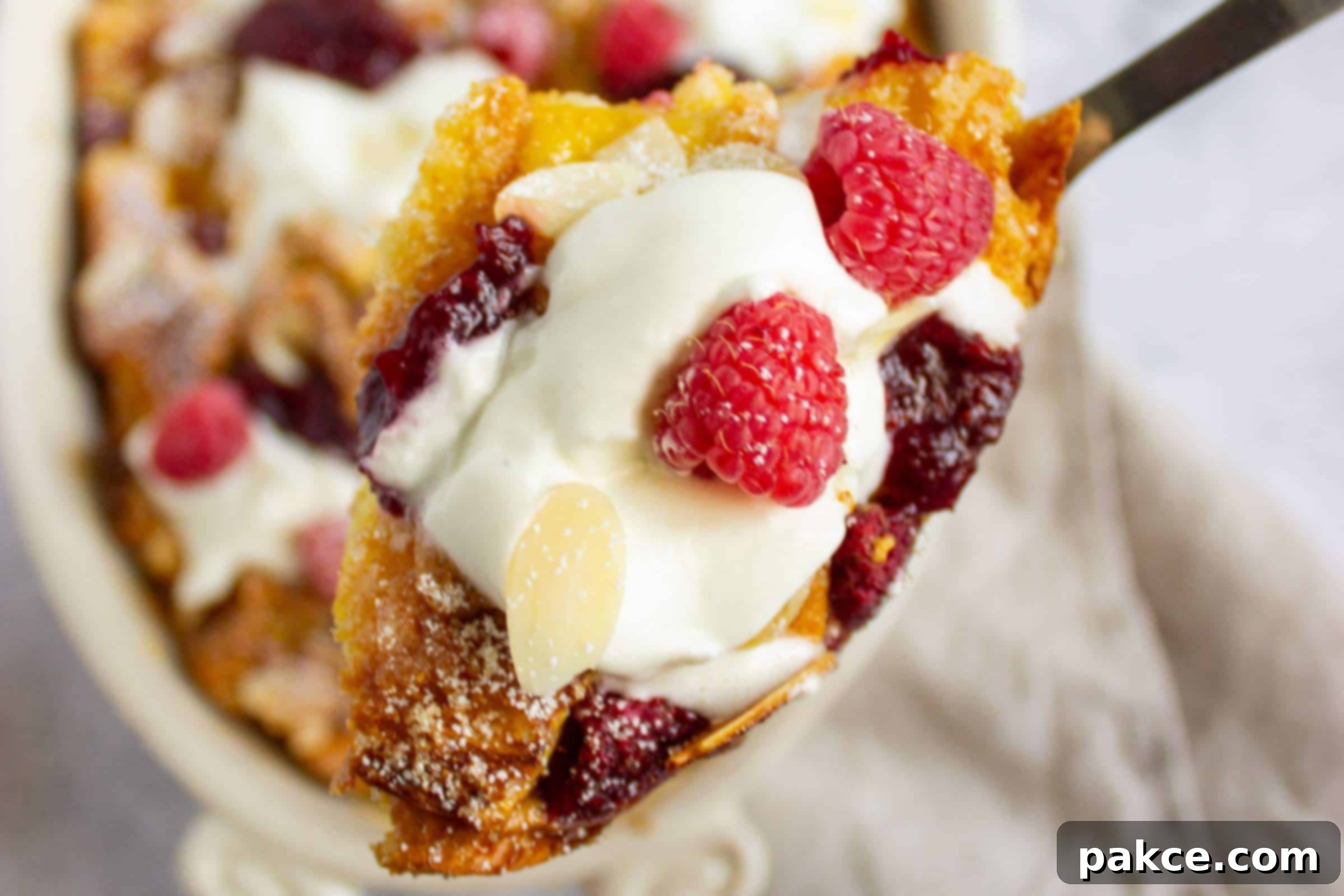 French toast bake with berries and almonds garnished with powdered sugar, whipped cream, and jam in a casserole dish with a serving held toward the camera.
