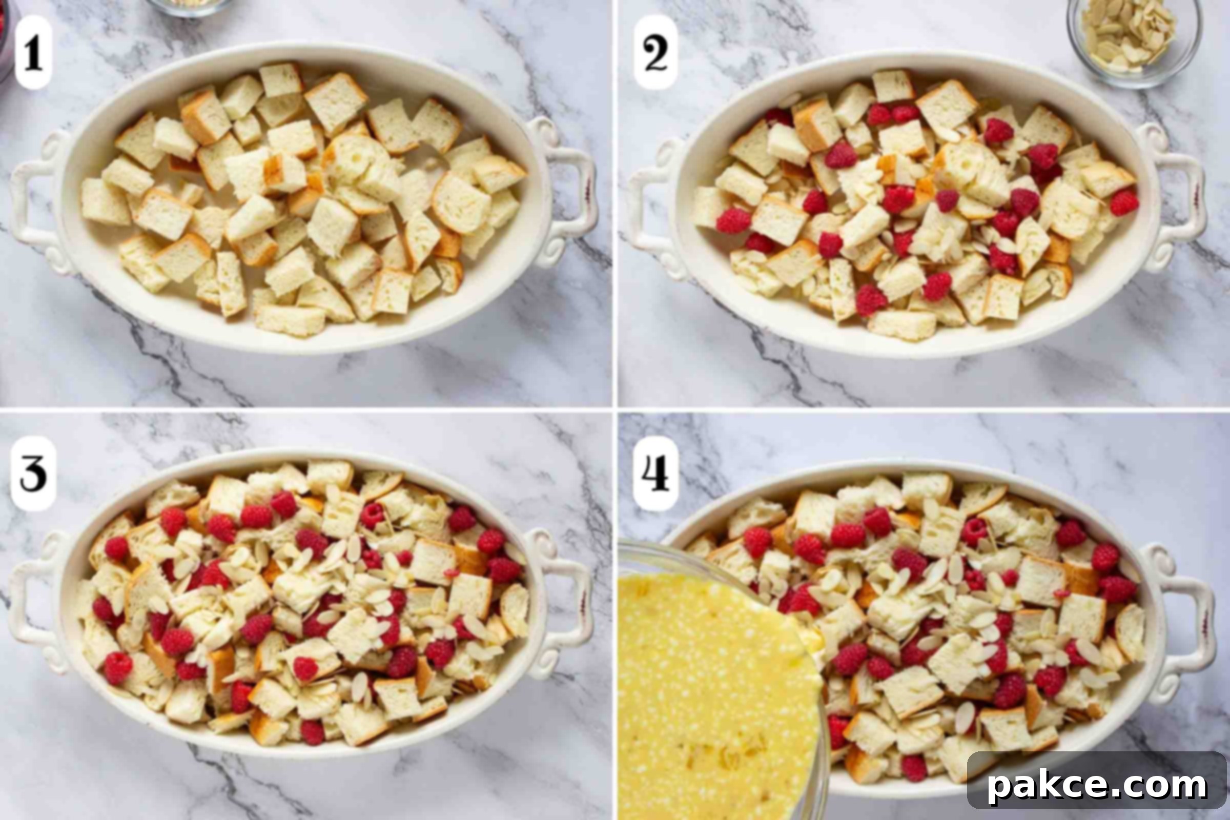 Composite image: 1- a layer of cubes of brioche bread in a casserole dish; 2- raspberries and almonds added to the bread cubes; 3- another layer of bread cubes, raspberries and almonds added; 4- egg mixture being poured over the bread cubes, berries, and almonds.