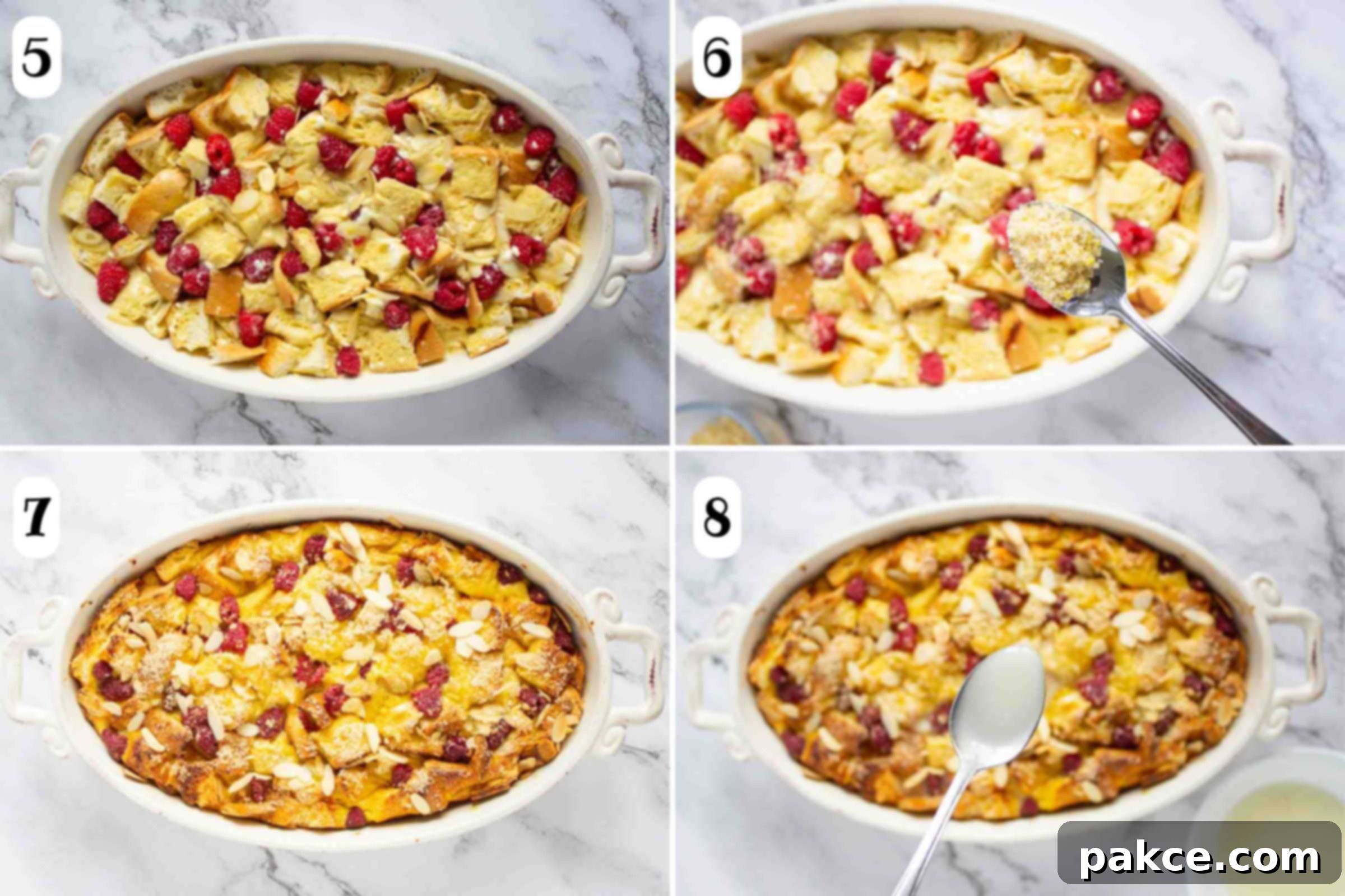 Composite image: 5- casserole dish with bread cubes, berries, and almonds after soaking in egg mixture overnight; 6- spoon with a mixture of sugar and lemon zest being sprinkled over casserole dish contents; 7- casserole after baking; 8- spoon with lemon glaze being drizzled over French toast casserole.